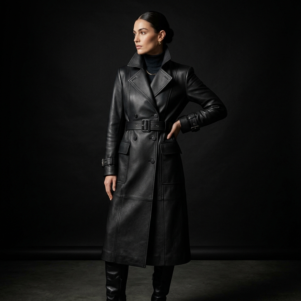 Obsidian Leather Trench Coat Seams